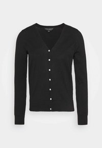 Svart cardigan med V-ringning, långa ärmar och detaljer med pärlknappar. Slät textur med ribbad mudd och nederkant, med en figursydd design.