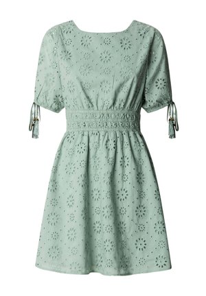 Vestido corto de manga corta verde claro con estampado floral de ojales, cintura elástica, escote cuadrado y detalles de lazos con borlas en las mangas.