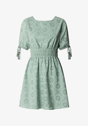 Vestido corto de manga corta verde claro con estampado floral de ojales, cintura elástica, escote cuadrado y detalles de lazos con borlas en las mangas.