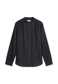 Granatowa koszula z długim rękawem, z kołnierzykiem typu stójka, zapinana na guziki z przodu, z marszczeniem na ramionach. Wykonana z gładkiego, lekkiego materiału.
