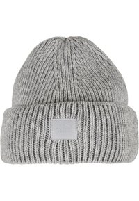 Berretto grigio realizzato in tessuto a costine. Presenta un risvolto e un'etichetta rettangolare con la scritta "URBAN CLASSICS" ricamata.