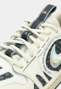 Biele tenisky Nike majú sieťovaný dizajn s šedými akcentmi, textúrované šnúrky a iridescentné logo na boku. Medzi hlavné vlastnosti patrí polstrovaný jazyk.