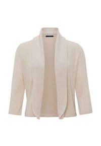 Jasno beżowy kardigan, z otwartym przodem, rękawy do trzech czwartej, miękka dzianina, lekko opadający fason. Bez zapięć ani wzorów. Wygodny, codzienny design.