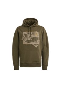 Olijfgroene hoodie met een voorvak in kangoeroestijl, voorzien van een contrasterende grafische print en koordjes op de capuchon.