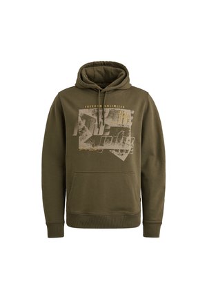 Olivgrüner Kapuzenpullover mit einer vorderen Kängurutasche, ausgestattet mit einem kontrastierenden Grafikdruck und Zugbändern an der Kapuze.