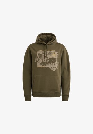 Olijfgroene hoodie met een voorvak in kangoeroestijl, voorzien van een contrasterende grafische print en koordjes op de capuchon.