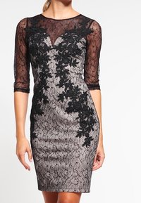 Lace bodycon-klänning med en svart blommig design på en silverbakgrund, trekvartslånga ärmar och v-ringning.