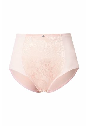 Světle růžové dámské spodní prádlo s vysokým pasem, s předním panelem z krajky s paisley vzorem a malým stříbrným knoflíkem uprostřed v pase.