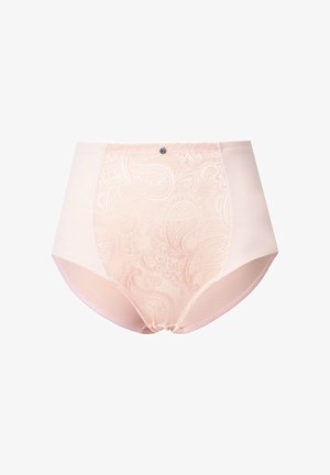 Hellrosa Damenunterwäsche mit hohem Bund, vorne mit Paisley-Spitze und kleinem silbernem Knopf in der Mitte des Bunds.