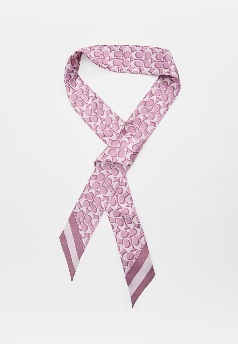 Écharpe en soie de couleur rose clair avec un motif circulaire. Présente deux bords rayés rose foncé et blanc. Texture légère et lisse.