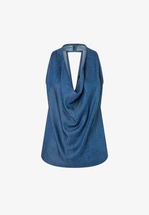 Ärmelloses blaues Denim-Top mit drapiertem Wasserfallausschnitt und offenem Rücken, ausgestattet mit einem kleinen Knopfverschluss am Rücken.