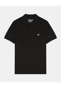 Svart polo t-shirt i bomull, med en tre-knappslåsning, korta ärmar och en gul broderad logotyp på bröstet.