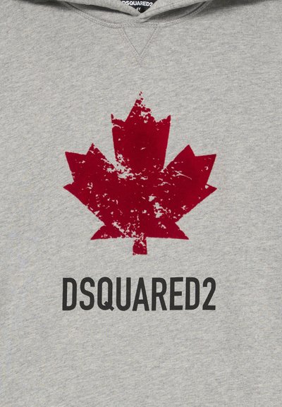 Gray hoodie with a distressed red maple leaf and "DSQUARED2" text printed below on the front center.