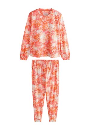 Long-sleeve top and pants set with elastic waist, featuring an orange and white floral pattern on soft fabric.