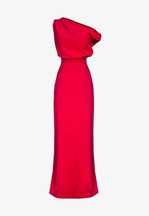 Czerwona, wieczorowa sukienka na jedno ramię z drapowanym materiałem, dopasowaną talią i długością do podłogi. Gładka tekstura, minimalne zdobienia.