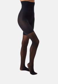 Black opaque tights with a high waistband, smooth texture, and a slight sheen, featuring a knee-length design and a subtle matte finish.