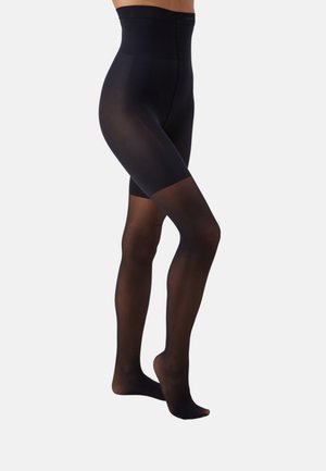 Svarte ugjennomsiktige strømpebukser med høy midje, glatt tekstur og en svak glans, med kne-lengde design og en subtil matt finish.