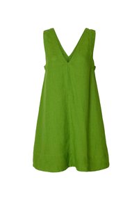 Vestido sin mangas de lino verde con escote en V, diseño en línea A y acabado texturizado. Presenta una forma suave y sin cierres visibles.