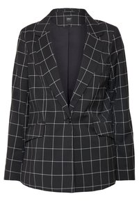 Black blazer with white grid pattern, single button closure, notched lapels, and two front pockets. Made from a smooth fabric.