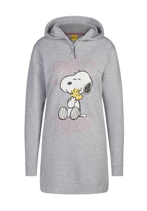 Grey hoodie dress with a front graphic of a character hugging a small bird. Features a drawstring hood and long sleeves. Smooth texture.