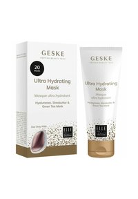 Il packaging della maschera ultra idratante GESKE presenta un tubo bianco con accenti dorati, abbinato a una scatola bianca con un design maculato.