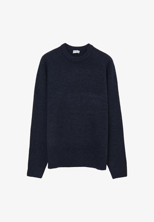 Navy blue knit sweater with a crew neckline, long sleeves, and ribbed cuffs and hem. Soft texture with no visible patterns or hardware.