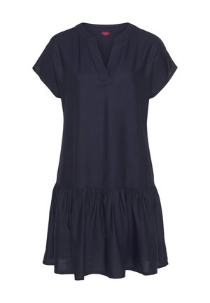Abito blu scuro con maniche a cappuccio corte, scollatura a V e gonna a balze arricciata. Realizzato in tessuto leggero con una superficie liscia.