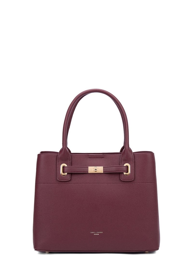 Borsa in pelle bordeaux con doppi manici, dettagli in metallo dorato, superficie texturizzata e una forma rettangolare semplice.
