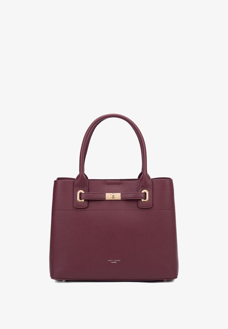 Borsa in pelle bordeaux con doppi manici, dettagli in metallo dorato, superficie texturizzata e una forma rettangolare semplice.