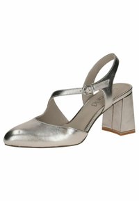 Metalická strieborná slingback obuv s špicatou špičkou, otvoreným dizajnom, krížovým pásikom s prackou a štvorcovým blokovým podpätkom. Hladký povrch.