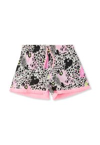 Pantaloni da bagno con stampa leopardata e accenti rosa, dotati di vita con cordino, orlo frangiato e motivi di foglie tropicali in nero e verde.