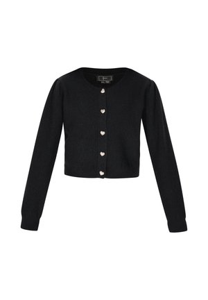 Czarny skrócony kardigan z dzianiny, z długimi rękawami i guzikami w kształcie serca z przodu. Regularny krój z prążkowanym dekoltem.