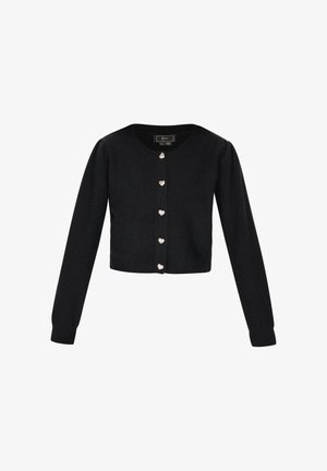 Czarny skrócony kardigan z dzianiny, z długimi rękawami i guzikami w kształcie serca z przodu. Regularny krój z prążkowanym dekoltem.