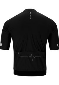 Schwarzes Sporttrikot mit kurzen Ärmeln, das eine hintere Tasche, ein Herzschlag-Liniengrafik und "ELITE LAB" nahe dem Kragen aufgedruckt hat.
