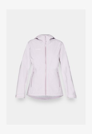 Jasnofioletowa damska kurtka z kapturem, z suwakiem z przodu, dwoma bocznymi kieszeniami oraz gładką, wodoodporną fakturą. Logo nadrukowane na klatce piersiowej.