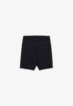 Črne športne kratke hlače z visokim pasom in stranskimi žepi, zasnovane za udobje in aktivno nošenje.