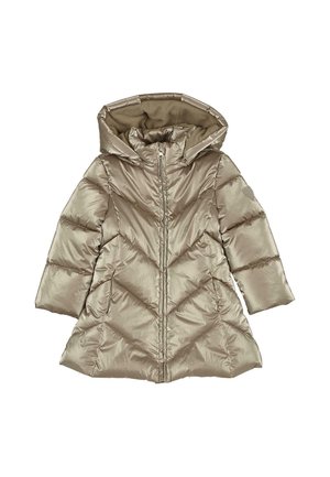 Manteau d'hiver matelassé métallisé beige avec capuche, fermeture éclair complète à l’avant, matelassage diagonal et deux poches avant, conçu pour enfants.