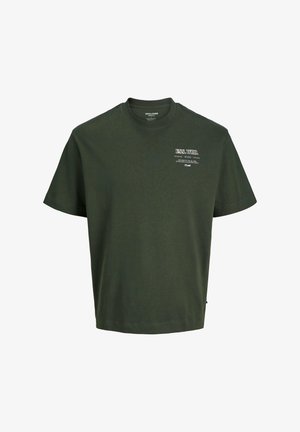 Dunkelgrünes Baumwoll-T-Shirt mit Rundhalsausschnitt, kurzen Ärmeln und einem kleinen weißen Grafikdesign auf der linken Brust. Gerader Saum.