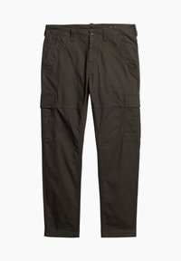 Pantalons cargo marron foncé en coton, dotés de plusieurs poches, d'une fermeture à bouton, de passants de ceinture et d'une coupe droite.