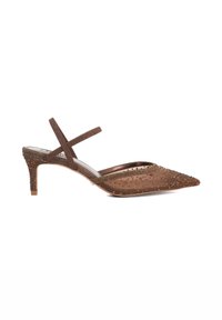 Brown slingback shoe with a pointed toe, embellished with beads and a textured heel, featuring a crisscross strap. Elegant design.