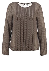 Chemisier marron à manches longues en tissu transparent, petit motif circulaire, encolure ronde, dos avec ouverture en forme de goutte et lien, ourlet élastiqué.