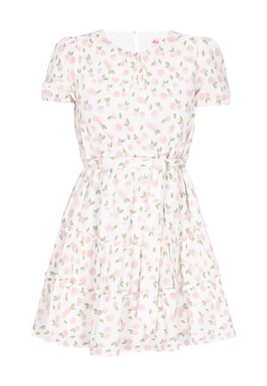 Rochie albă cu mâneci scurte, cu model de cireșe roz, talie cu curea și fustă pe niveluri.
