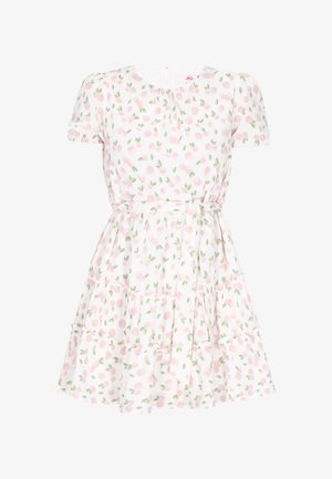 Witte jurk met korte mouwen, roze kersenpatroon, taille met riem en gelaagde rok.