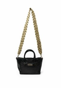 Zwarte leren handtas met dubbele handvatten en een gestructureerde gouden band. Beschikt over een rechthoekig lichaam en een decoratieve metalen accent aan de voorkant.