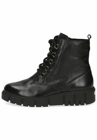 Stivale alla caviglia in pelle nera con finitura texture, punta rotonda, suola in gomma chunky e occhielli per lacci in tonalità oro. Presenta una linguetta per facilitare l'uso.