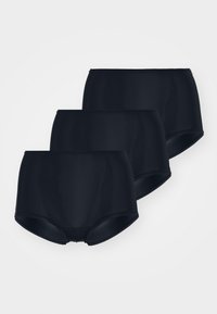 Three pairs of high-waisted black panties made from smooth stretch fabric, featuring a simple design with no visible patterns or hardware.