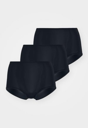 Three pairs of high-waisted black panties made from smooth stretch fabric, featuring a simple design with no visible patterns or hardware.