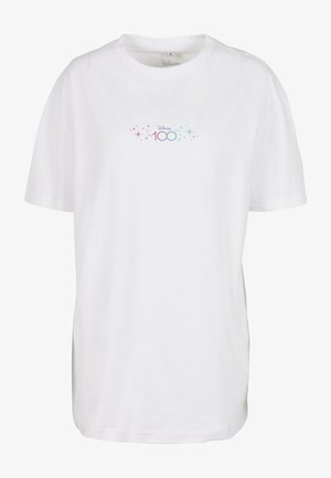 T-shirt bianca in cotone con scollatura rotonda. Presenta una grafica "Disney 100" in viola e blu, circondata da piccoli dettagli a forma di stella. Vestibilità rilassata.