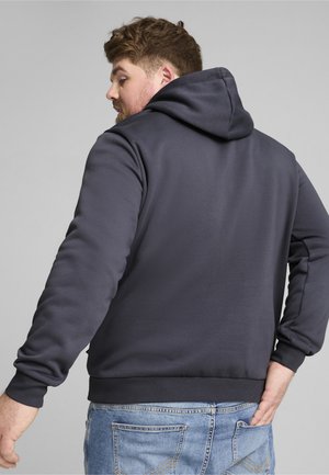 Felpa con cappuccio grigio scuro con cordino, polsini e vita a coste. Texture morbida, abbinata a jeans di denim blu chiaro, vista da dietro.