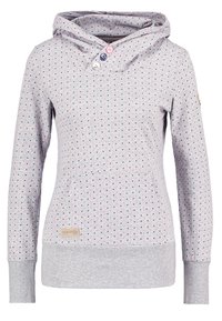 Ljusgrå hoodie med små röda och marinblå prickar, framficka och stängning i nacken med två knappar. Tillverkad av en bomullsblandning, mjuk textur.